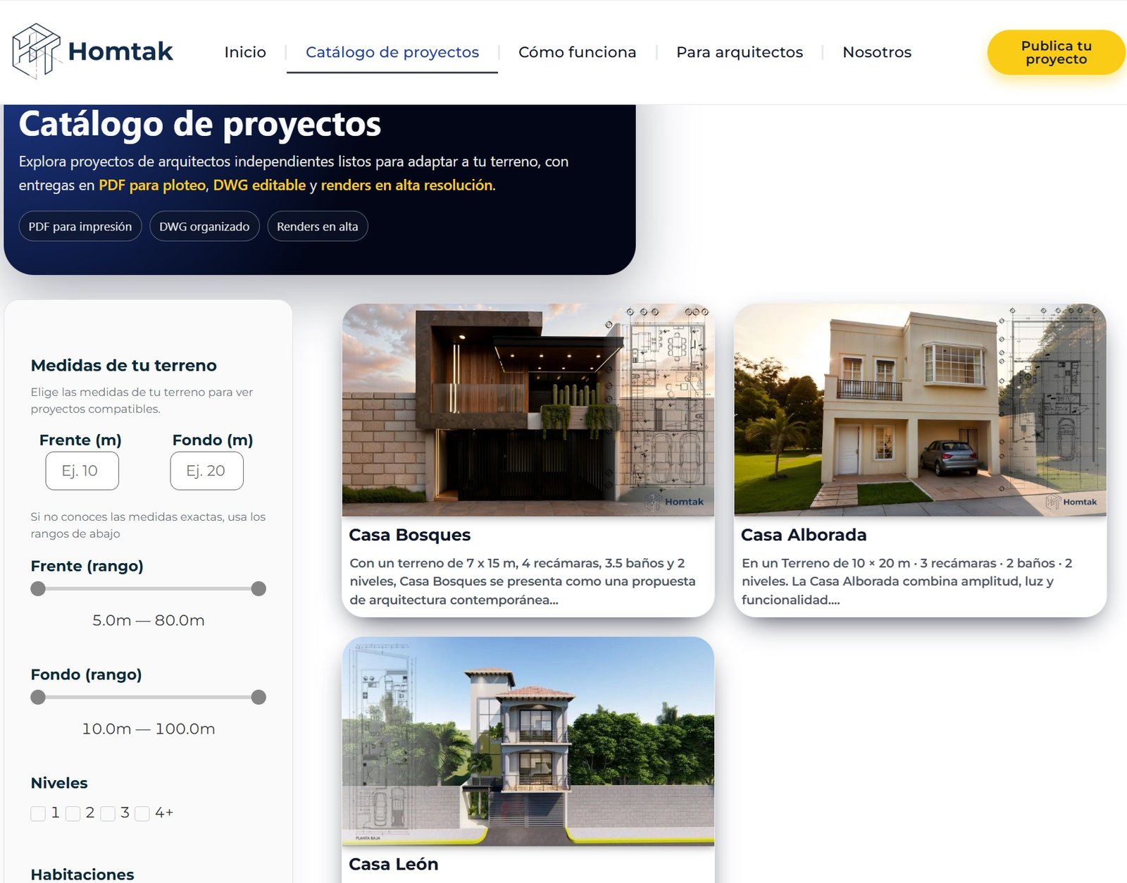 Catálogo de proyectos Homtak con filtros por terreno y recámaras