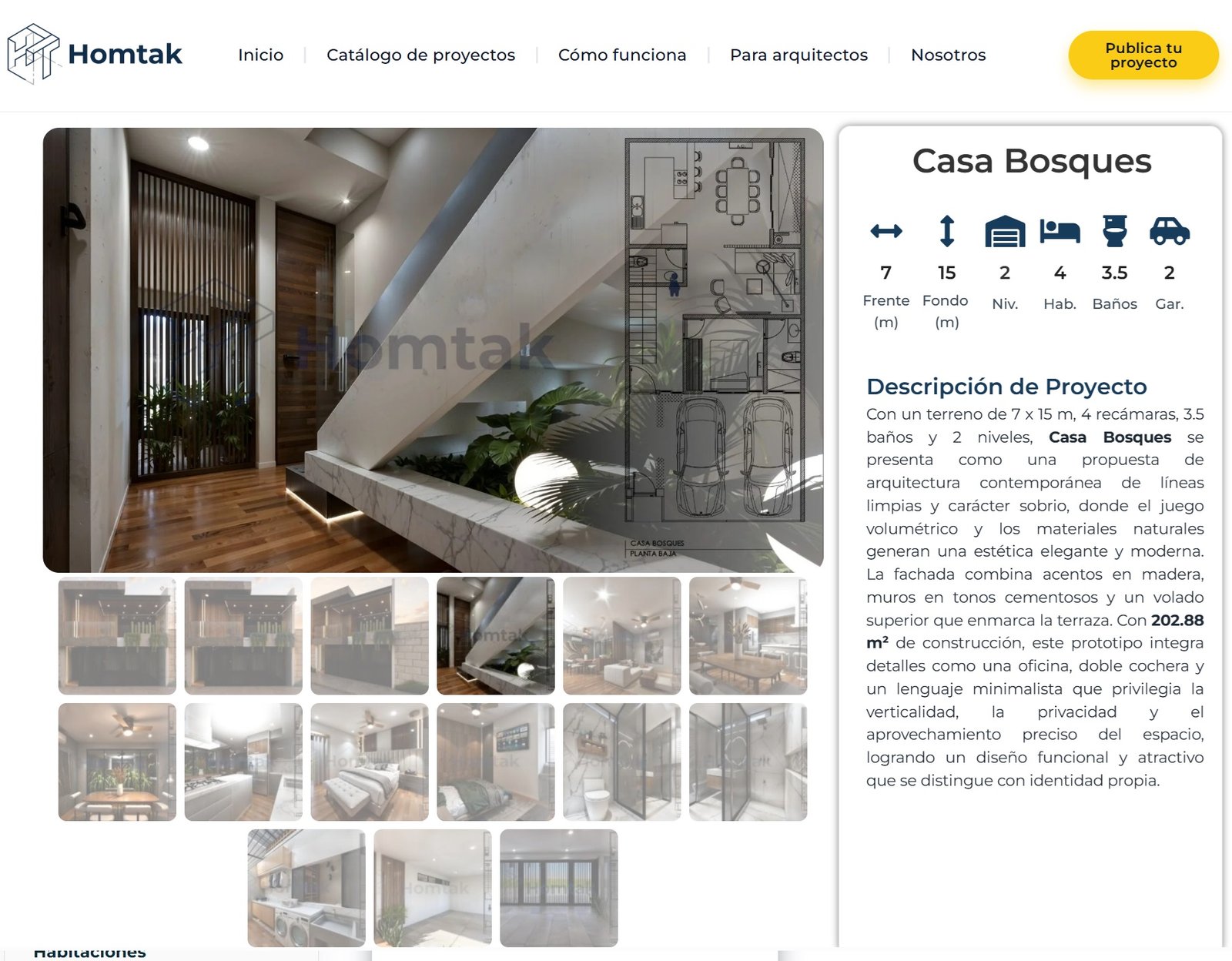 Ficha de proyecto Homtak con renders y descripción arquitectónica