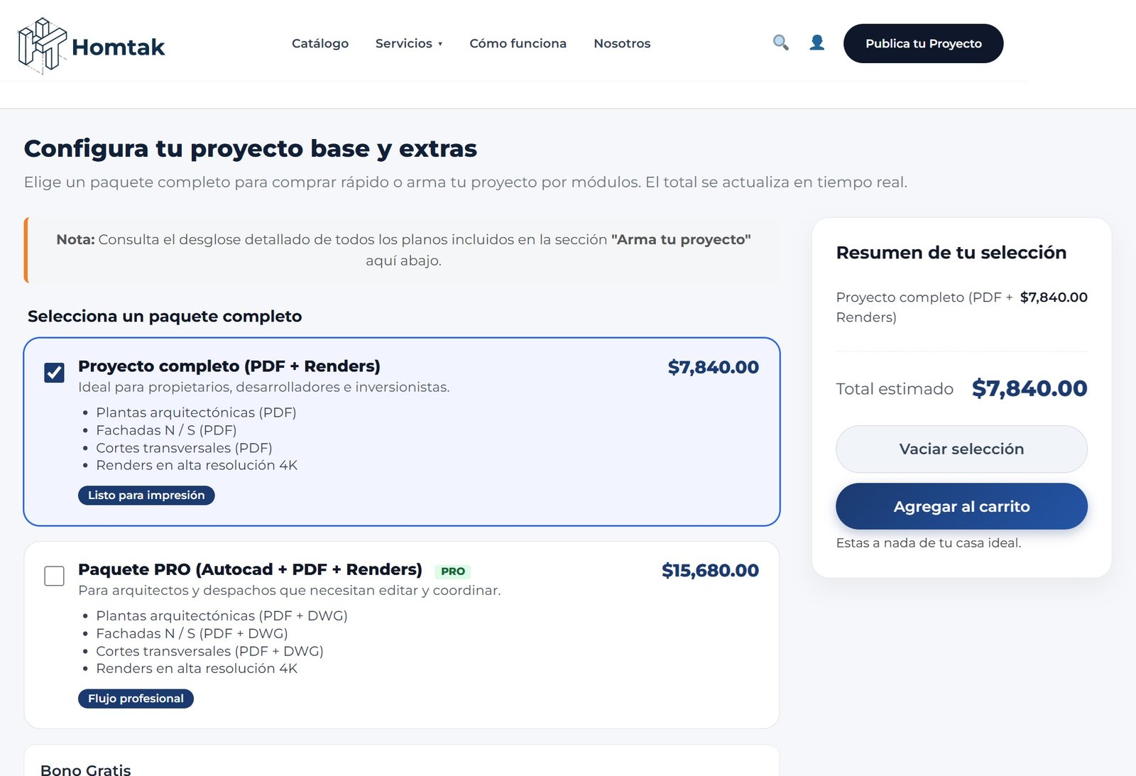 Configurador de planos Homtak para elegir PDF, DWG y extras