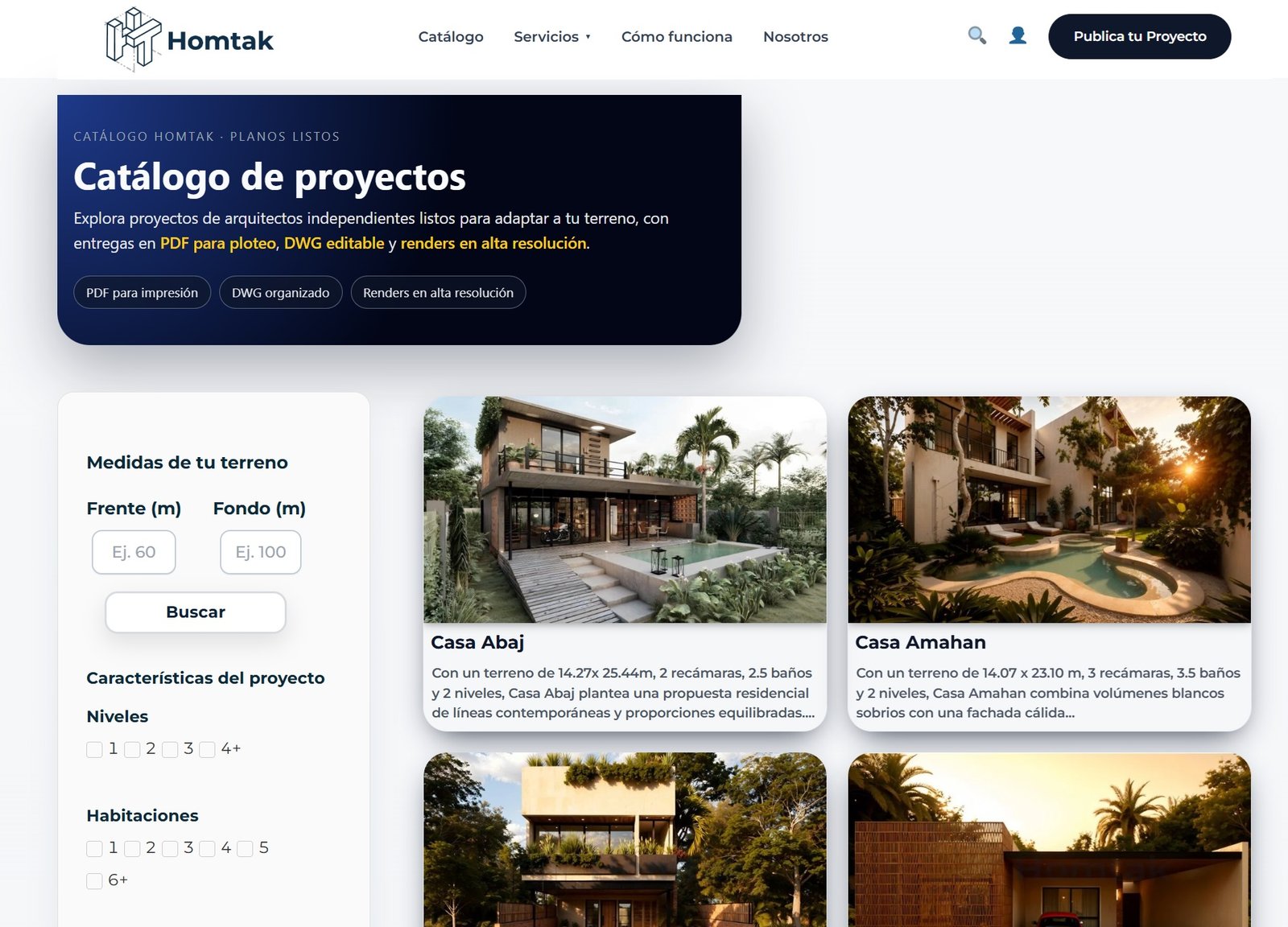 Catálogo de proyectos Homtak con filtros por terreno y recámaras