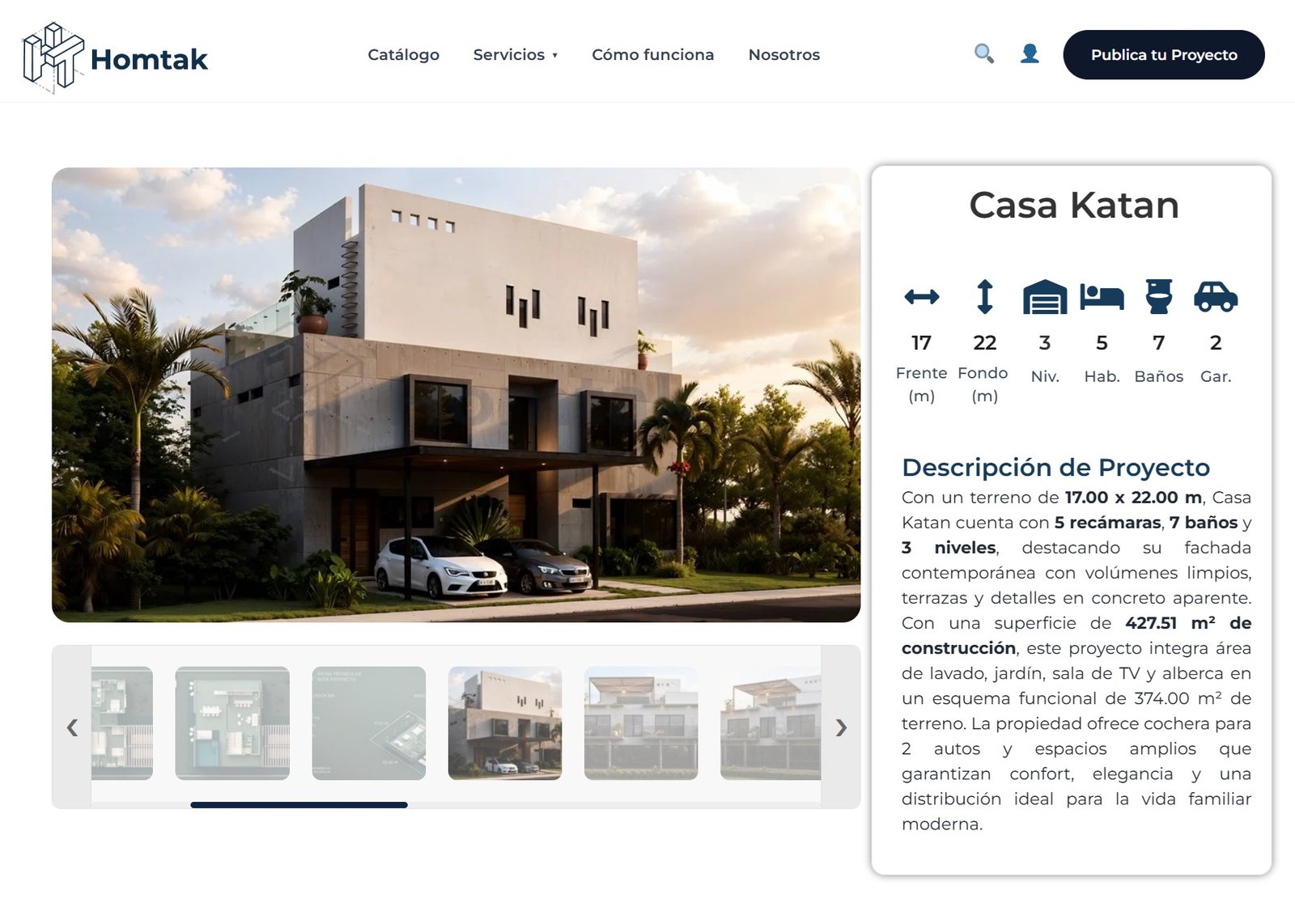 Ficha de proyecto Homtak con renders y descripción arquitectónica