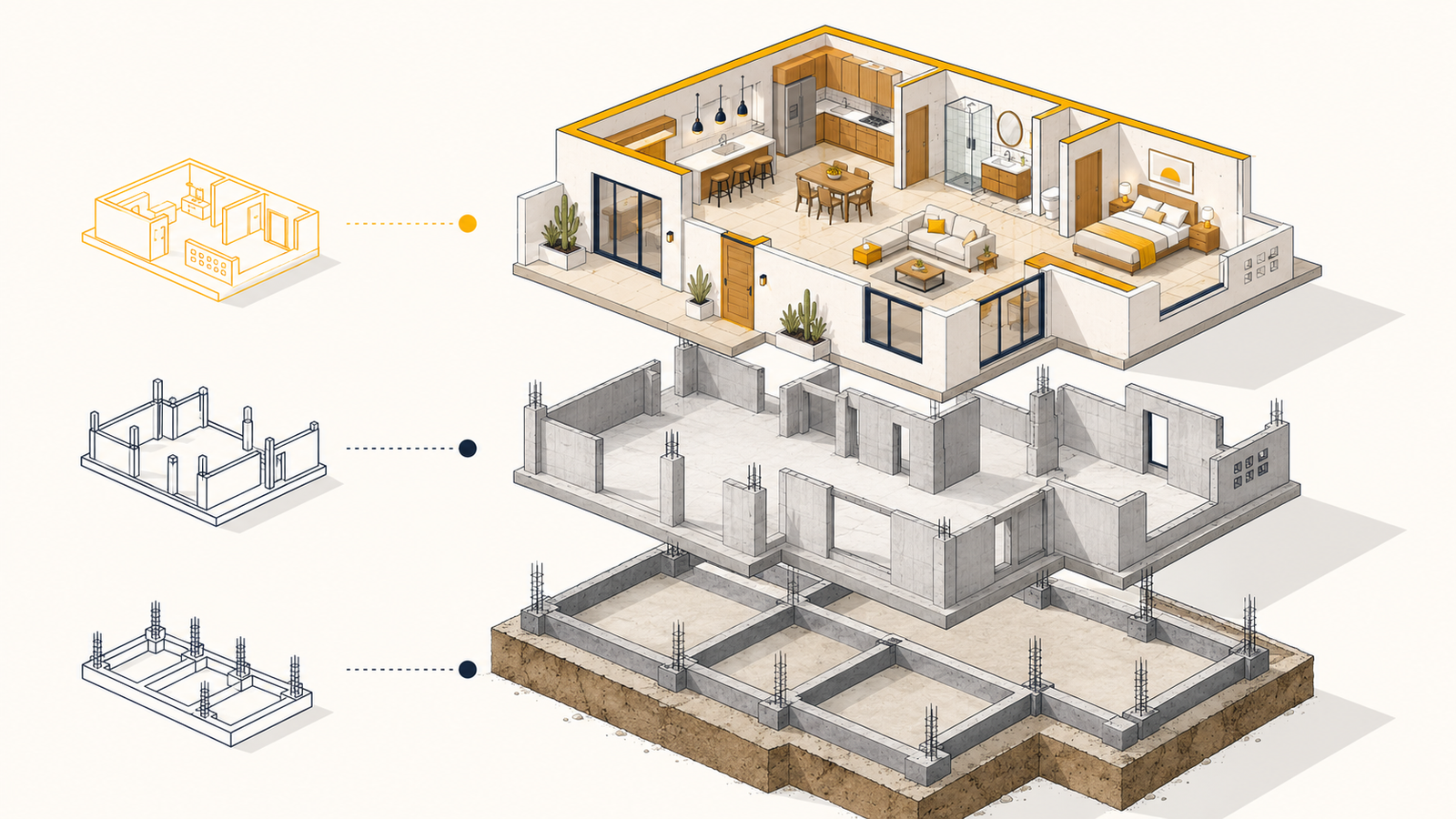Corte de una casa mostrando las etapas de construcción: obra negra, obra gris y acabados
