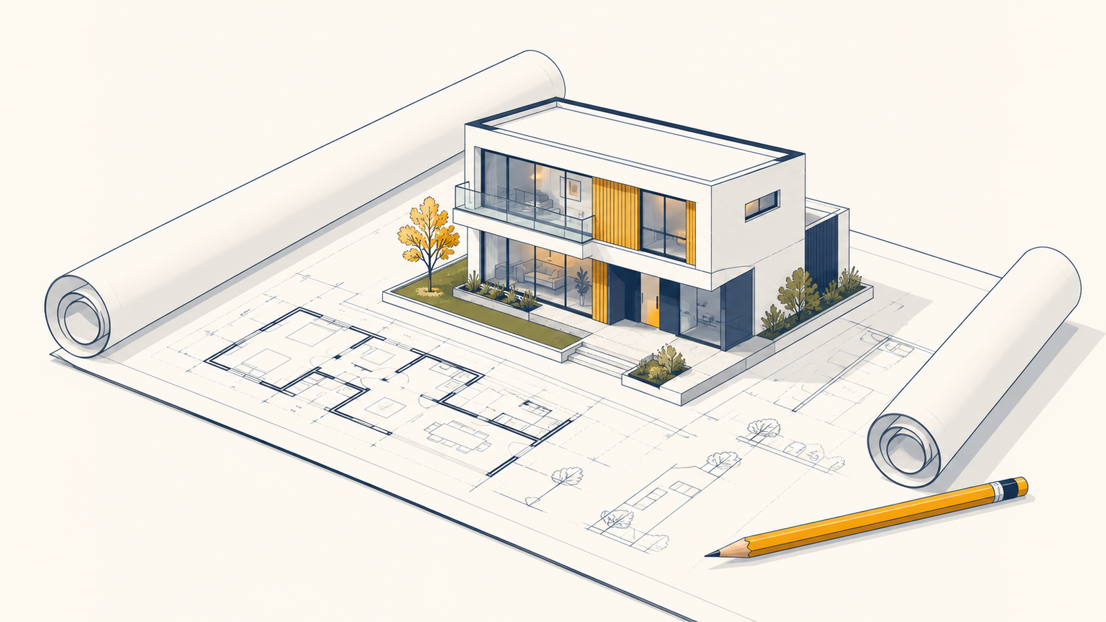 Plano arquitectónico abierto con una maqueta de casa encima, punto de partida de la obra