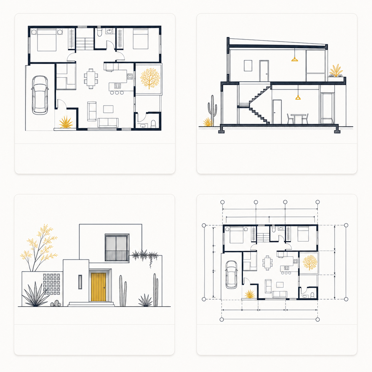 Diagrama con las partes de un plano arquitectónico: planta, cortes, fachadas y acotaciones