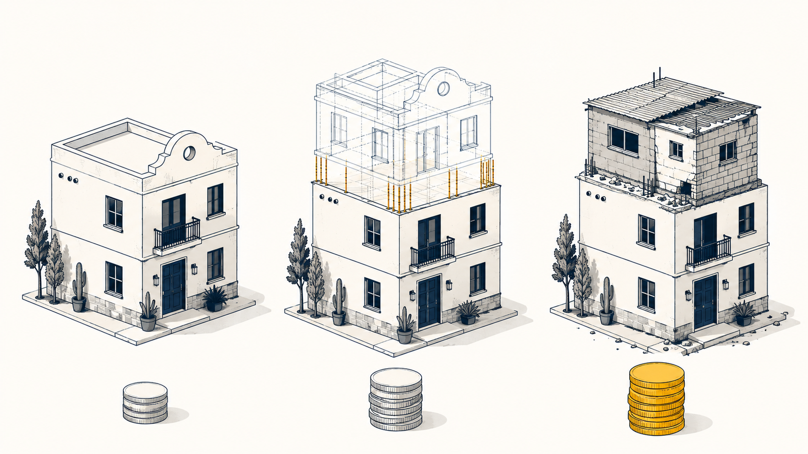 Comparativo de tres estrategias para construir una casa: continua, por etapas planeadas y por etapas improvisadas