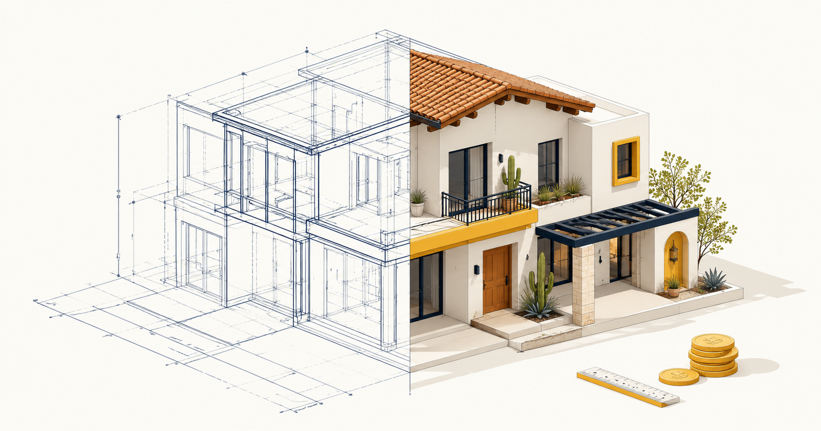 Ilustración de una casa en construcción en México con desglose de costos por metro cuadrado