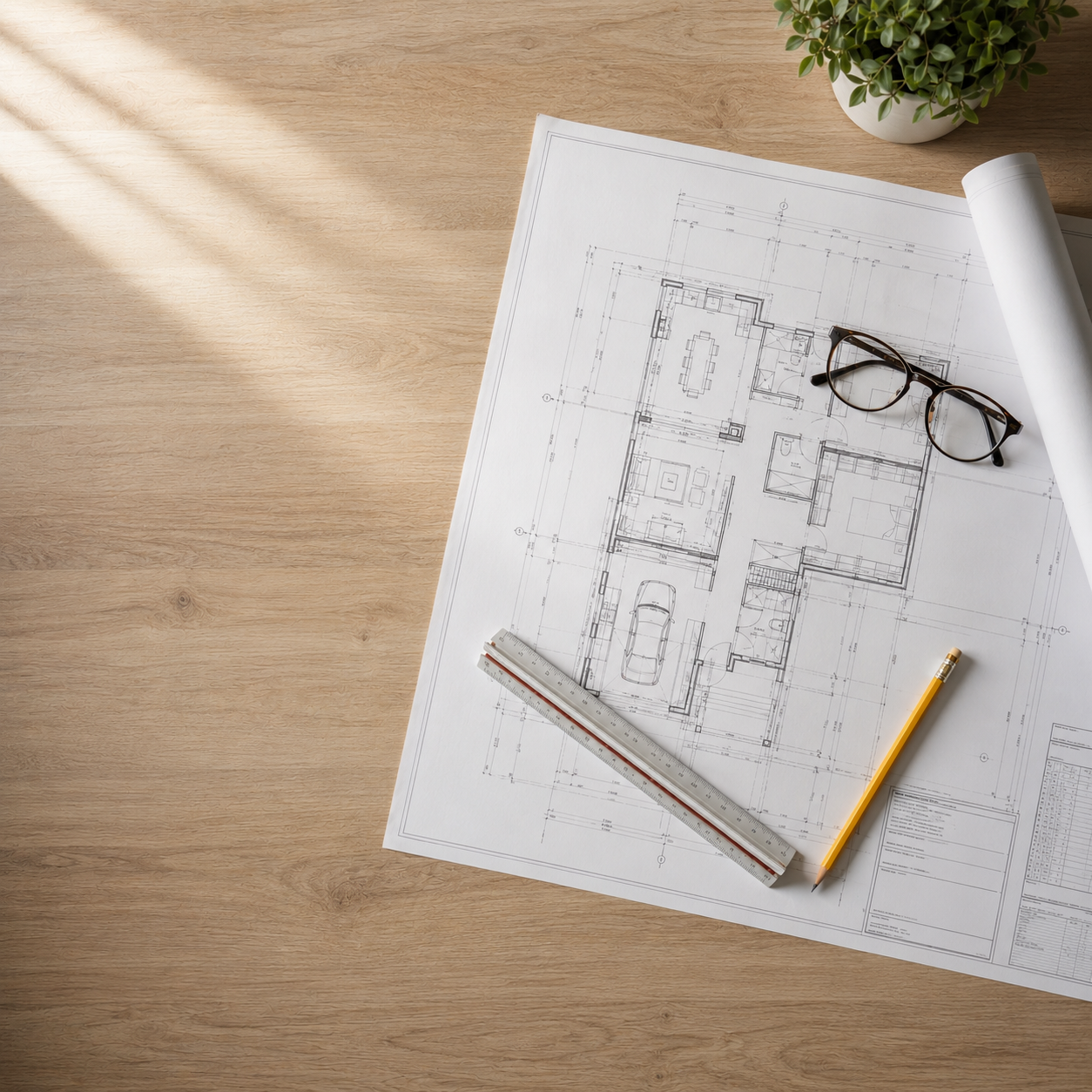Plano arquitectónico de una casa desplegado sobre una mesa con escalímetro y lápiz