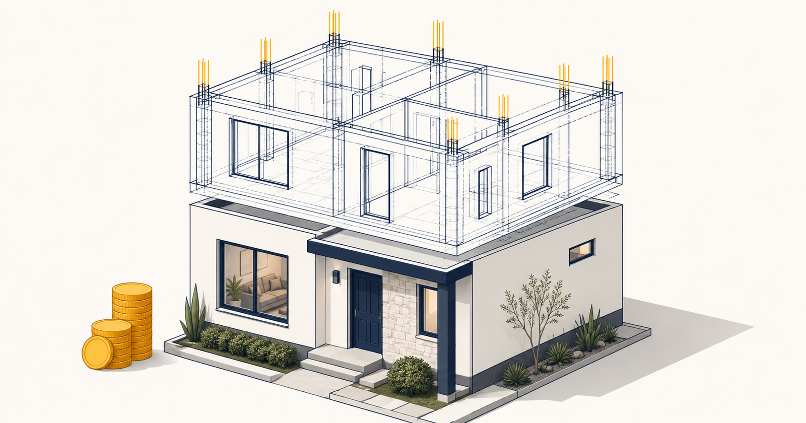 Casa en construcción mostrando la primera etapa terminada y la segunda etapa dibujada como plano sobre ella